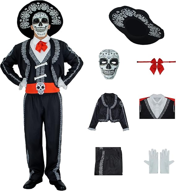 Day Of The Dead Costume for Men Mariachi Suit Adults Dia De Los Muertos Costumes Mask with Hat for Halloween Cosplay - sugar skull dress
