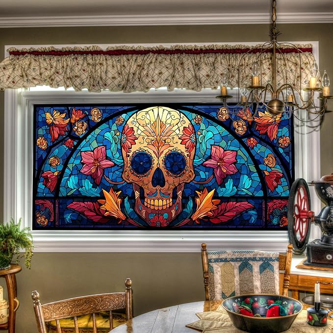 HOMETITUTE Sugar Skull Stained Glass Window Privacy Film 39.3x17.7 Inch - skull sticker