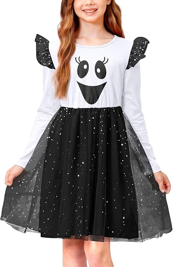 Girls Halloween Tulle Tutu Dress Long Sleeve Sparkle Skirt 4-12 Y - sugar skull dress