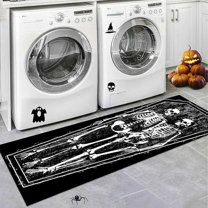 Skull Runner Rug, 2x6ft Halloween Coffin Horror Skeleton Black White Area Rugs, Black Washable Runner Mat, Non-Slip Kitchen Mat Carpet for Bathrooms Halloween Decoration Horror Indoor Festive Rugs - skull toilet mat