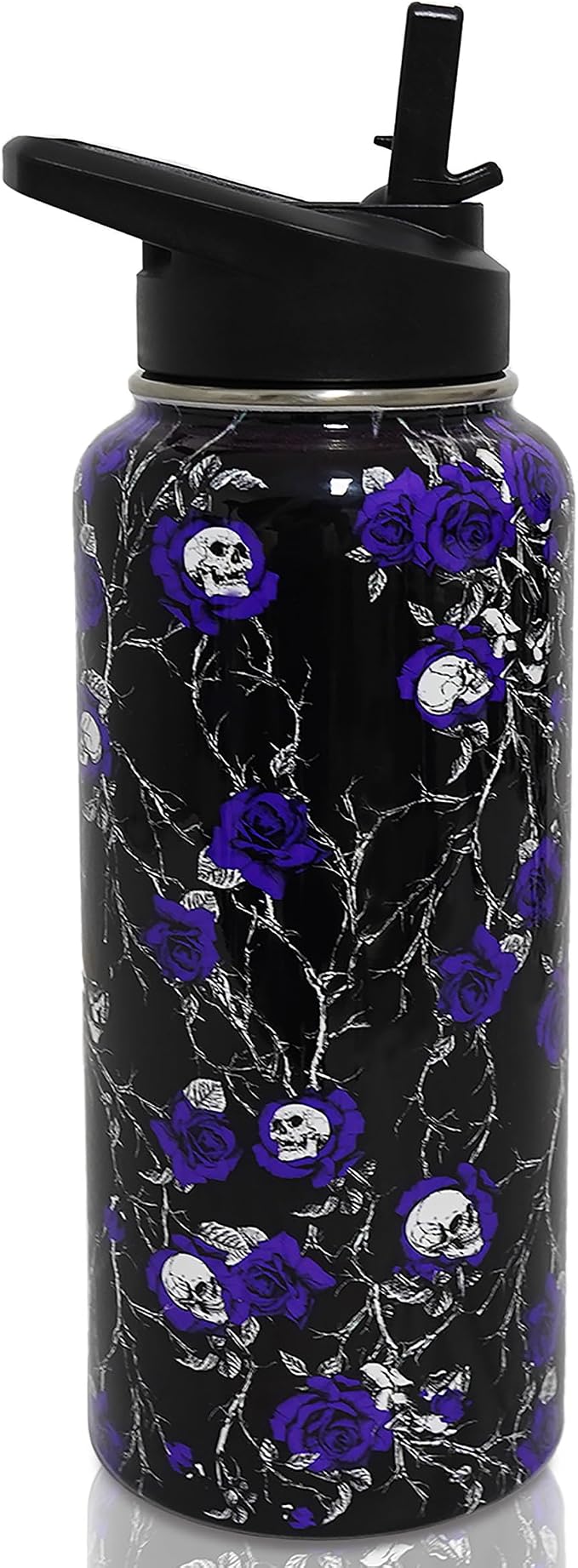 Insulated Halloween Water Bottle 32 oz, Flower Skull Water Bottle with Straw, Reusable Leakproof Tumbler Stainless Steel, Halloween Gifts for Women - skull bottle