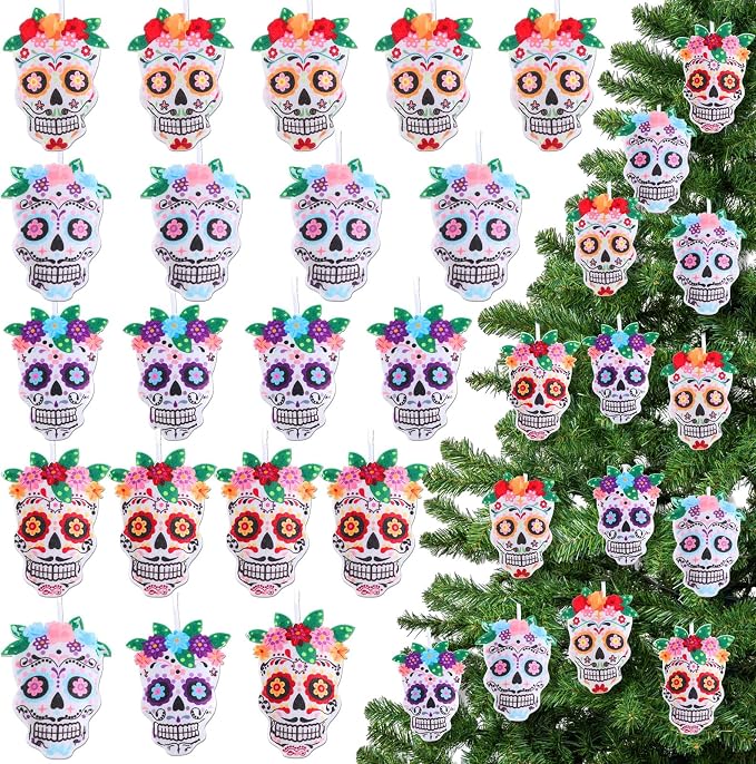 HunnmingRe 20pcs Day of The Dead Hanging Ornaments Felt Halloween Ornaments - sugar skull ornament