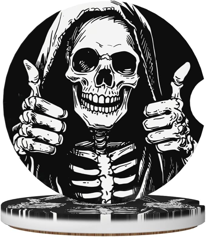2 Pcs Car Coasters for Cup Holders,Funny Skull Cup Holder Coasters for Car,Ceramic Absorbent Car Coaster with A Finger Notch & Cork Base,Cars Interior Accessories for Women Men 2.56" - skull coaster