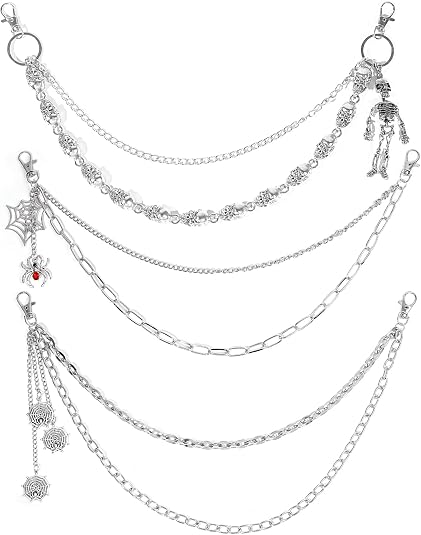 3 PCS Skull Pants Chain for Men Women Wallet Chains for Men Punk Trousers Pants Chains for Biker Heavy Spider Chain Belt Goth Accessories - skull wallet