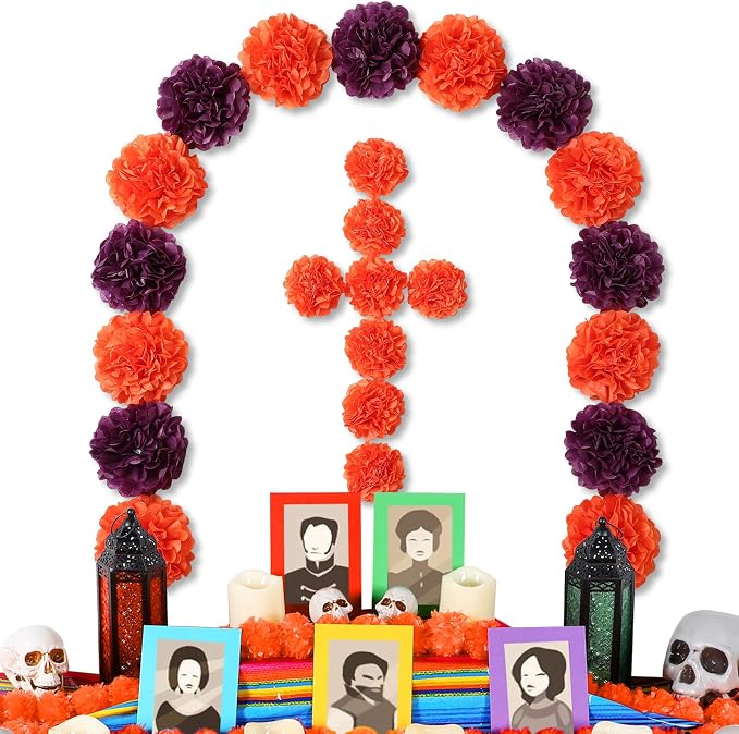 24 Pcs Day of the Dead Marigold Flower, Purple Orange - skull carpet