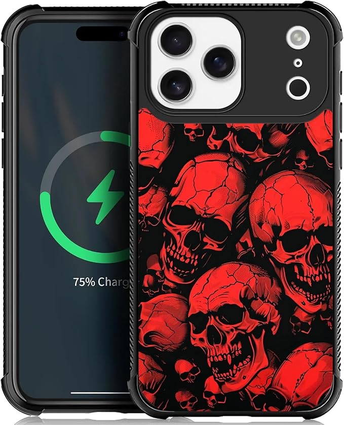 Compatible with iPhone 17 Pro Max 18 Pro Max Magnetic Charge Case Shockproof Protective for Man Women Non-Slip Crazy Pattern Horror Manga Style Red Skulls - Skull phone case
