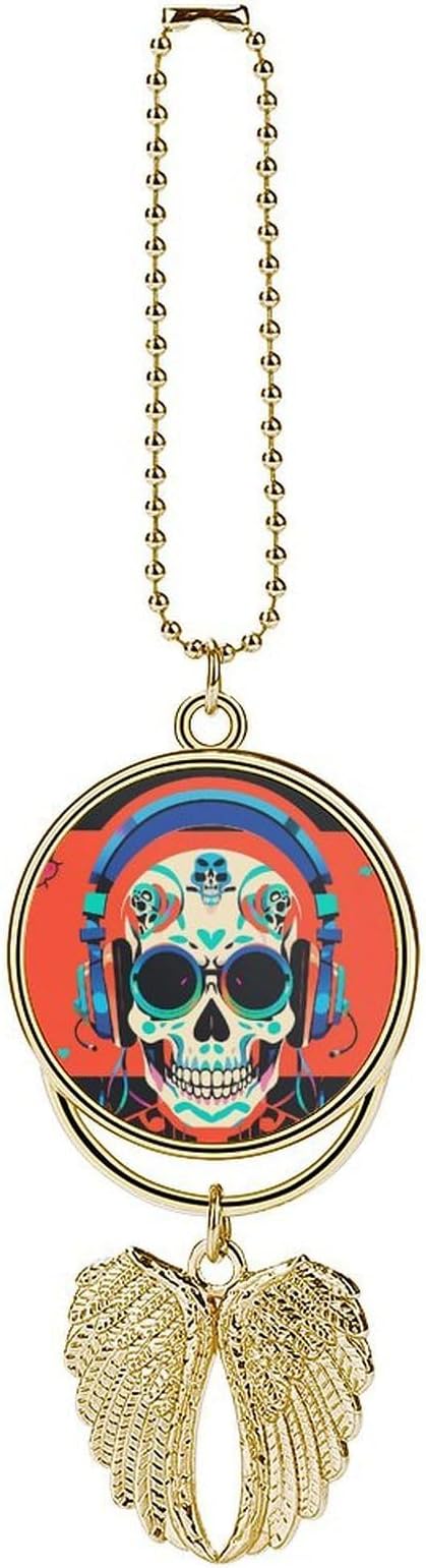Punk Rock Earphones Skull Car Hanging Pendant - Angel Wings Car Rear View Mirror Charm - Metal Hanging Accessory for Women & Men, Sun Catcher Pendent, Decoration Cars Pendant Jewelry Gift Golden - skull lamp