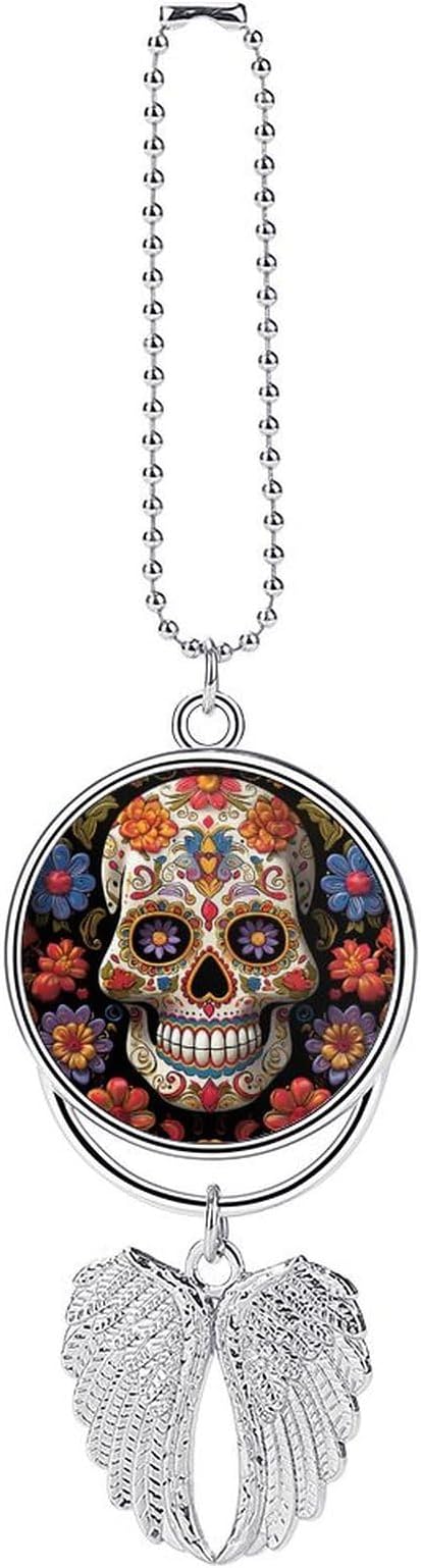 Sugar Skulls Car Hanging Pendant – Angel Wings Car Rear View Mirror Charm – Metal Hanging Accessory for Women & Men, Sun Catcher Pendent, Decoration Cars Pendant Jewelry Gift Silver