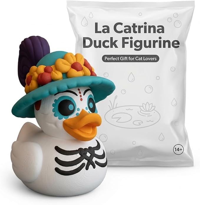 La Catrina Duck Collectible Figurine - Vibrant Handcrafted Desk Decor with Detailed Skeleton Design - Unique Gift for Home or Office Accent - 3D Printed in Canada - skull figurine