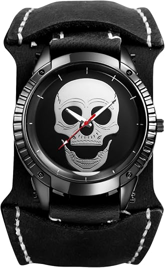 JewelryWe Men's Steampunk Leather Watches - Analog Quartz Gothic Skull Wide Cuff Watch Adjustable Genuine Leather Strap Wristwatch for Father's Day - skull watch