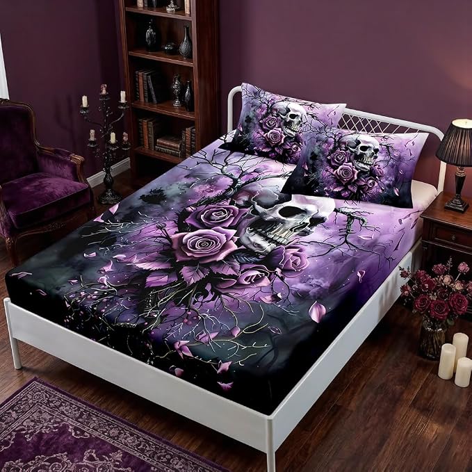 HOSIMA Death Skull Twin Size Bedding Set,1 Fitted Sheet+2 Pillowcases. - skull bedding