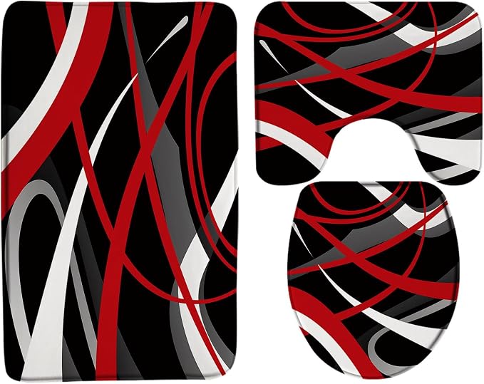 Sunhe 3 Piece Modern Geometric Bath Mat Set for Bathroom,Red Black - skull toilet rug