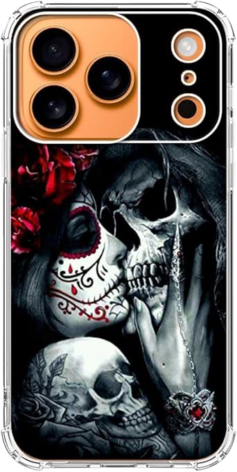 Kiss Skull Phone Case for iPhone 17 Pro Max, Sugar Skull Girl Cool Skeleton Phone Cover, Trendy Cool TPU Case Cover