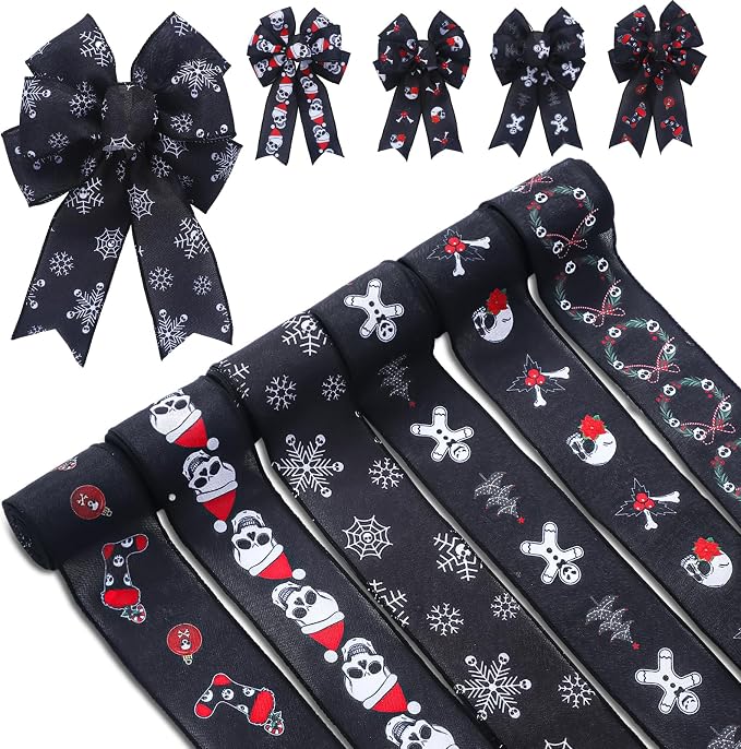 Norme 6 Rolls 30 Yards Christmas Wired Edge Ribbon, Black Gothic Decor - skull wreath