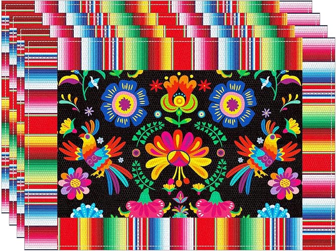 4 Pack 11.8 x 17.7 Inches Mexican Fiesta Placemats, Linen Burlap Table Plate Mats with Floral and Serape Stripe for Cinco de Mayo, Taco Night, Birthdays, Day of the Dead, Mexican-Themed Party Supplies - skull plate
