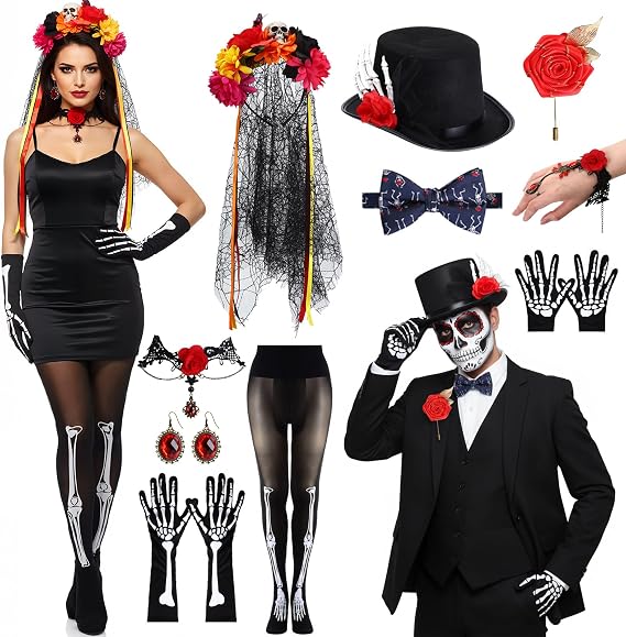10 Pcs Day of The Dead Couple Costume, Dia De Los Muertos Favors - skull headband