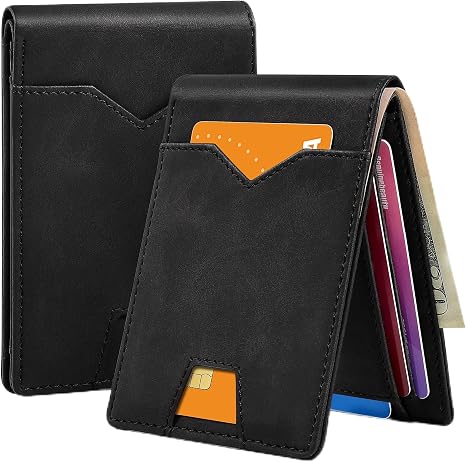 Man Slim Wallet Leather with Money RFID Blocking Front Pocket Minimalist Bifold Wallet Thin Credit Card Holder (Black) - skull wallet
