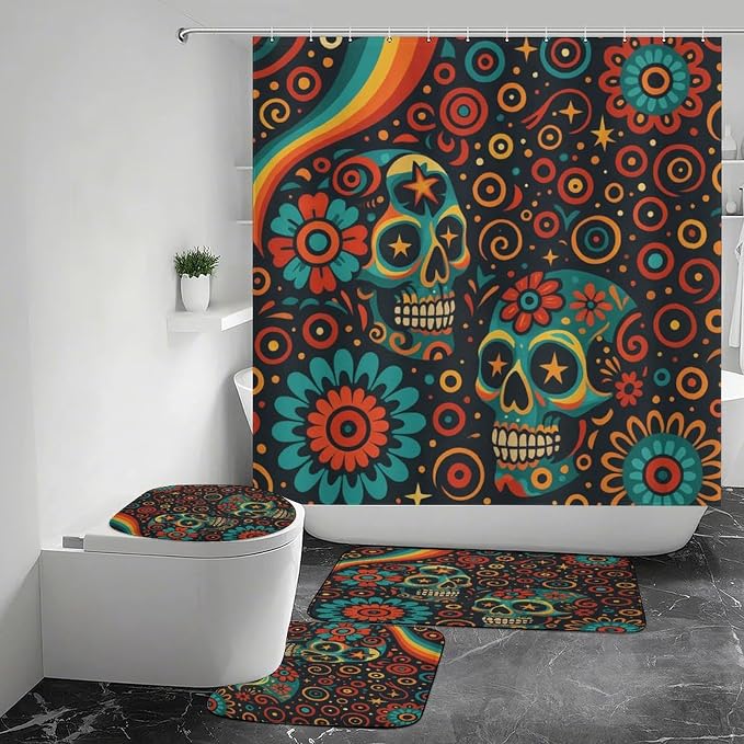 Vibrant Day of The Dead Skulls Shower Curtains Set Bathroom Sets with Rugs (Bath Mat,U Shape and Toilet Lid Cover Mat) - skull toilet mat