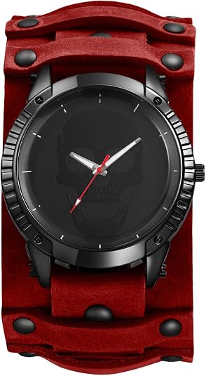 JewelryWe Men's Leather Cuff Watch - Punk Skull Analog Quartz Watches Hip Hop Gothic Steampunk Wide Leather Wristwatches for Father's Day - skull watch