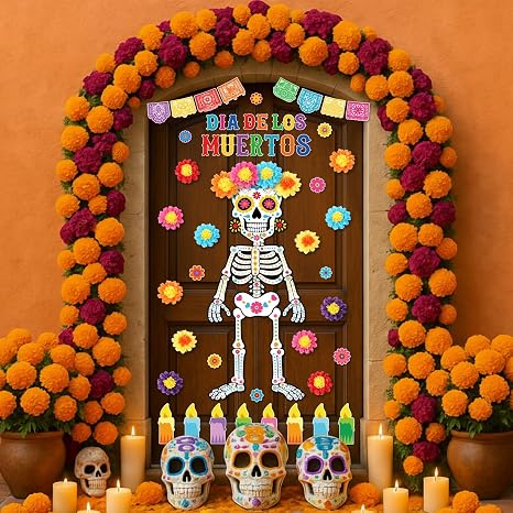 Pasimy Day of Dead Bulletin Board Sugar Skull Cutouts 3D Flowers, Fashion - skull wreath