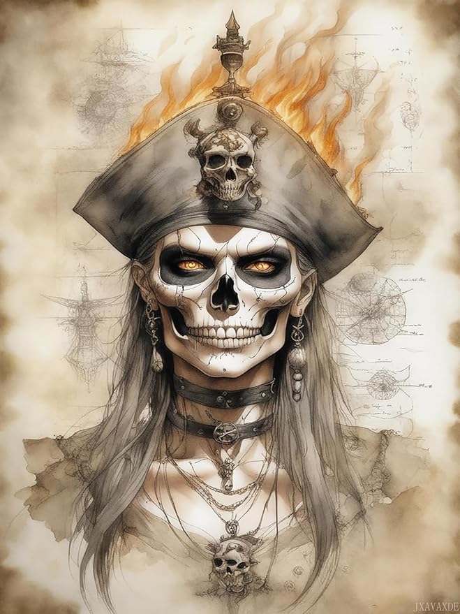 JXAVAXDE Portraits Adult Beginner Diamond Painting Kit, Pirate Sugar Skull Diamond Art Kit, DIY Watercolor Painting Full Round Diamond Gemstone Art, Bathroom, Living Room Wall Decoration 12x16inch - skull painting