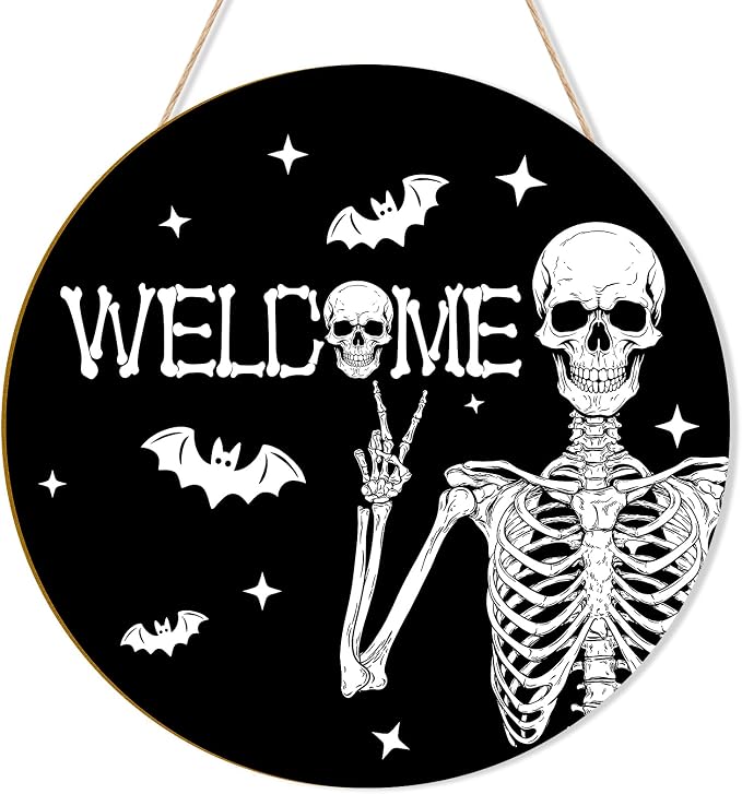 Halloween Decoration Wooden Ghost Door Halloween Wreath for Front Door Sign Wall Signs Decor, Skull Skeleton Wreaths Sign Hanging for Home Wall Decor Outdoor Indoor Farmhouse Party Supply - skull wreath