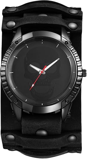 JewelryWe Men's Leather Cuff Watch - Punk Skull Analog Quartz Watches Hip Hop Gothic Steampunk Wide Leather Wristwatches for Father's Day - skull watch