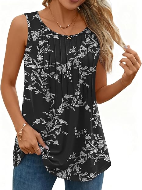 Womens Tank Tops Summer Sleeveless Tunic Top Loose Fit Flowy Pleated Shirt - skull tank tops