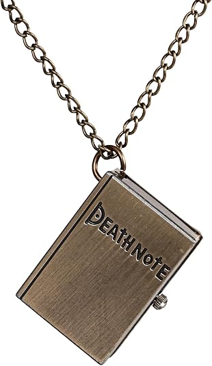 JewelryWe Pocket Watches for Men: Vintage Death Note Bronze Skull Dial Quartz Halloween Notebook Locket Pendant Square Case Unisex Necklace Watch for Father's Day - skull watch