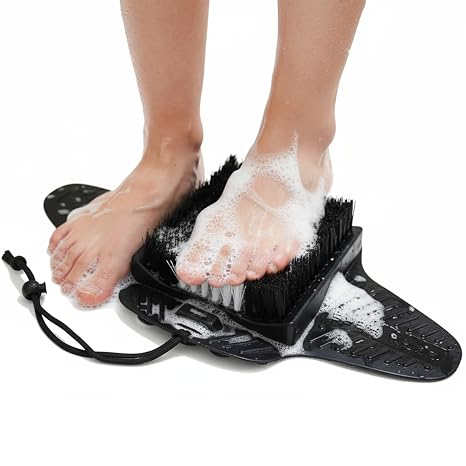 Efforest Shower Foot Scrubber Mat with Pumice Stone - Cleans, Smooths & Removes Dead Skin on Foot Without Bending, Foot Callus Remover with Non-Slip Suction Cups (Black) - skull floor mat