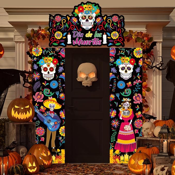 3 Pcs Day of the Dead Decorations Mexican Dia De Los Muertos Theme Hanging Porch Sign Banner Sugar Skull Door Banner Hanging Supplies for Halloween Front Doors Wall Photo Booth Props Decors - skull floor mat