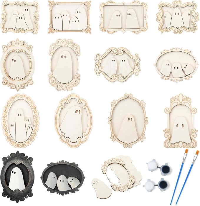 Simgoing 12 Set Adult Halloween Craft, Wood Ghost DIY Frame, Cute Style - skull painting