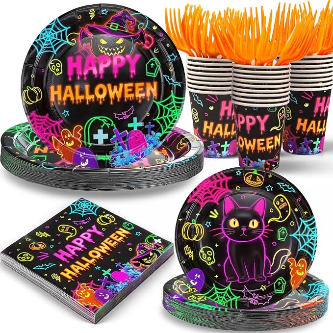 125PCS Halloween Plates and Napkins Set, 9 inches Neon Happy Halloween & 7 inches Black Cat Paper Plate Napkins Cups Forks for Birthday Party Decorations Dinnerware Supplies - skull plate