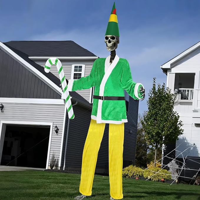 Seenelling 12 ft Christmas Giant Skeleton Green Elf Costume Outdoor Decor - skeleton