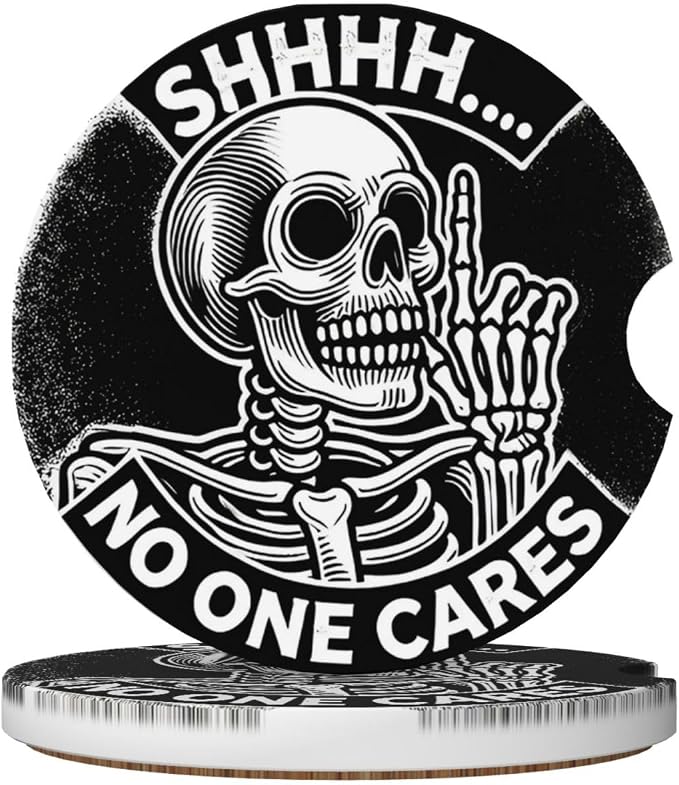 ABLESKY Car Cup Coasters 2Pack Absorbent Anti Slip-Skull No One Cares - skull coaster