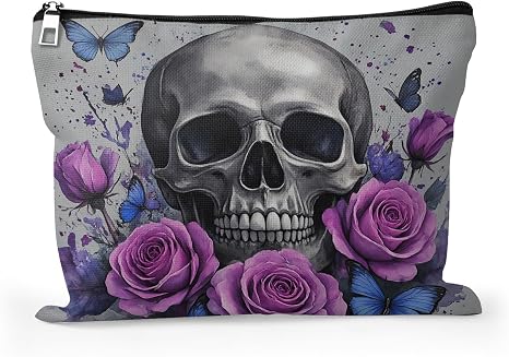 Cafl Gothic Dark Romance Skull Makeup Bag Travel Large Cosmetic Bag Organizer toiletry Essentials Jewelry Skincare Zipper Bag For Women -10×8 inch - skull suitcase