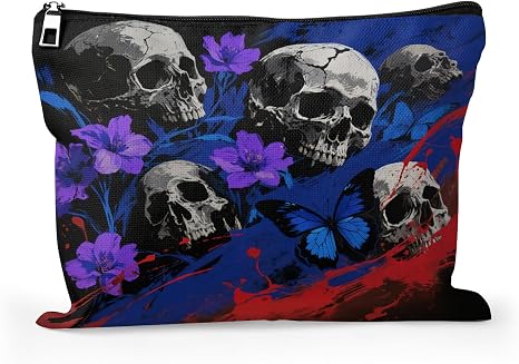 Cafl Gothic Dark Skull & Butterfly Makeup Bag Travel Large Cosmetic Bag Organizer toiletry Essentials Jewelry Skincare Zipper Bag For Women -10×8 inch - skull suitcase