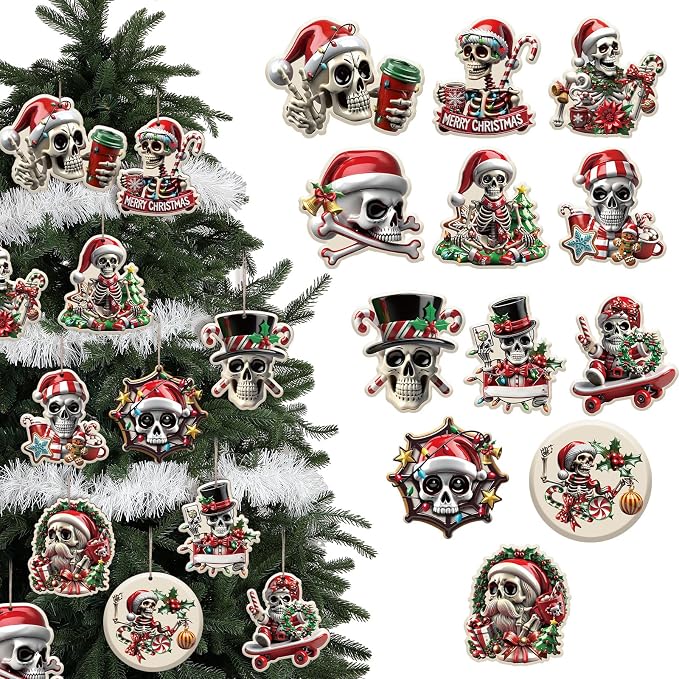 Syhood 36 Pcs Christmas Skull Ornaments Wooden Xmas Tree Hanging Decor - skeleton