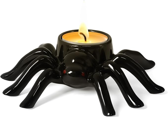 Halloween Candle Holder Black Spider Ceramic Candle Holder Halloween Decorations for Home Office Table Centerpiece, Scary Spider Tealight Candlestick for Party Decoration - skull candle