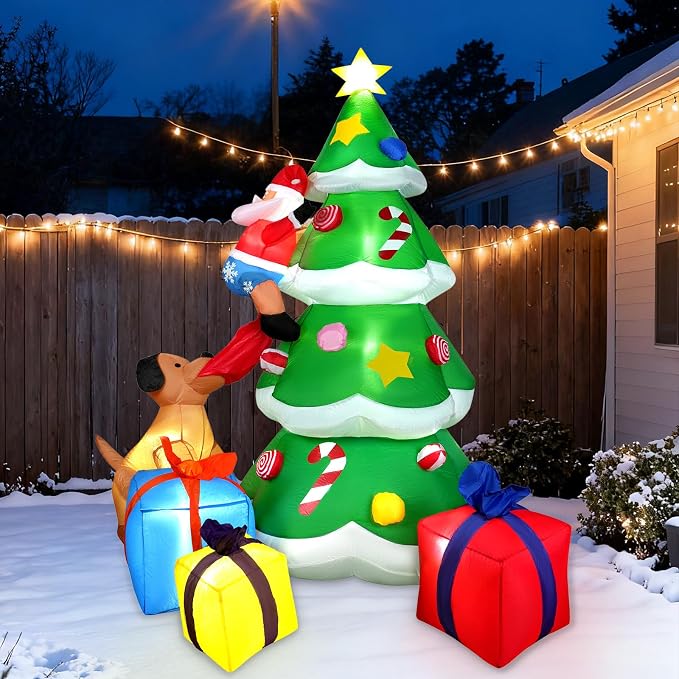 HFO 8ft Christmas Inflatable Outdoor Decorations, Blow up Christmas Tree Yard Decor with Dog Bite Santa Claus 3 Wrapped Gift Boxes, Bright LED Lights Christmas Outdoor Decorations - skull inflatable