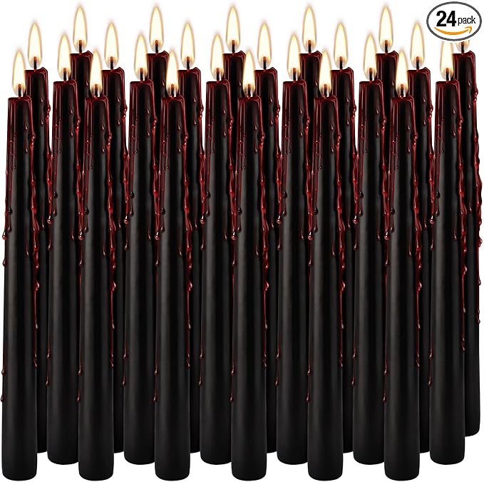 24 Pcs 10 Inch Vampire Blood Taper Candles Vampire Blood Candle, Ritual Spell Unscented Candle Halloween Spooky Decor for Haunted House, Gothic Theme Party. - skull candle