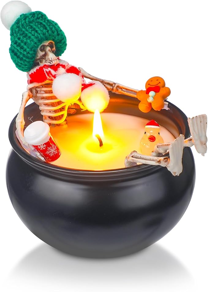 Retisee 1 Pcs Christmas Skeleton Candle Decorations Indoor, Christmas Personalized Style Gothic Vintage Home Decor Skull Cauldron Candle Magic Trendy Spooky Unique for Xmas Gifts Party Favor - skull candle