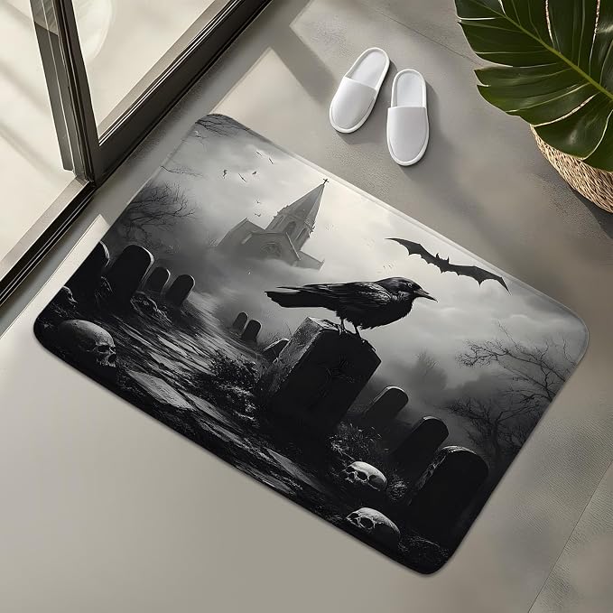 Scary Gothic Bath Rug Raven Cemetery Castle Grey Halloween Day Crow Bat Spooky Dead Bird Skull Graveyard Misty Forest Night Bath Mat Home Bathroom Kitchen Door Doormat Toilet Carpet 24 x 36 Inch - skull toilet mat