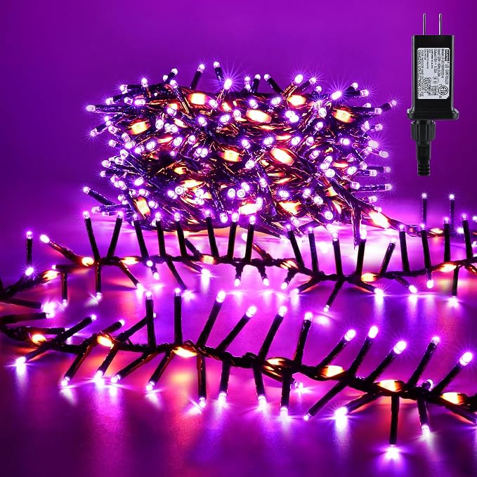 Brizled Outdoor Halloween Lights, 372 LED 17 Modes Orange & Purple Halloween Cluster Lights with Timer, 19.6FT Waterproof Spooky Light Plug in, Orange Purple Light Black Wire for Indoor Outdoor Decor - string light