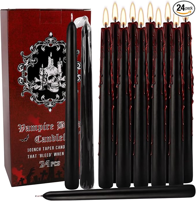 24 Pack Vampire Tears Taper Candles, 10 inch Tall Bleeding Candles, Unscented Black Tapered Candlesticks, Spooky Blood Drip Candle Set for Halloween Party Gothic Home Decorations - skull candle