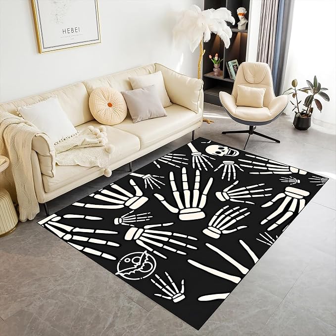 Sugar Skull Living Room Rugs, 3x4ft Gothic Skeleton Hand Bones Area Rug, Kids Teen Bats Animal Carpet, Non Slip Halloween Theme Decorative Carpet, Soft Washable Home Decor Floor Mat - skull carpet