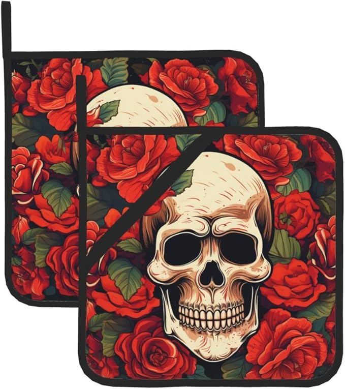 Pot Holders Set of 2 Heat Resistant Non Slip Potholders Sugar Skull Rose Pot Holders Kitchen Hot Potholders Washable Oven Mitts Cooking Pads Oven Hot Pads for Kitchen Cooking Baking Barbecue - skull ashtray