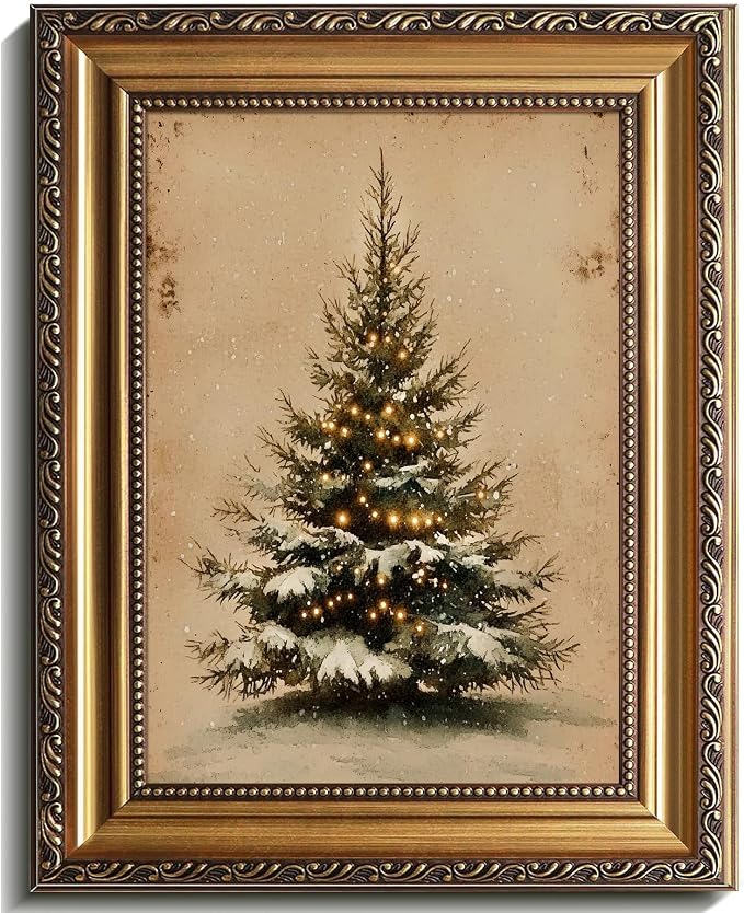 Vintage Gold Framed Christmas Tree Wall Art Poster, Vintage Christmas Tree Art Print Antique Holiday Decor, Oil Painting Style Rustic Holiday Decor for Kids Room, Bedroom, Living Room-9x12 - skull wall art