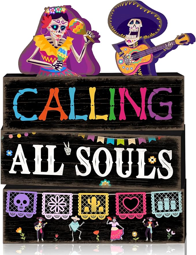 Britimes Day of Dead Tiered Tray Decor Set, 4 Pack, Wooden Table Sign - skull figurine