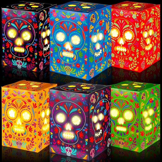 Tenceur 36 Pcs Sugar Skull Luminary Bags Day of The Dead Decor Holders Box - skull candle